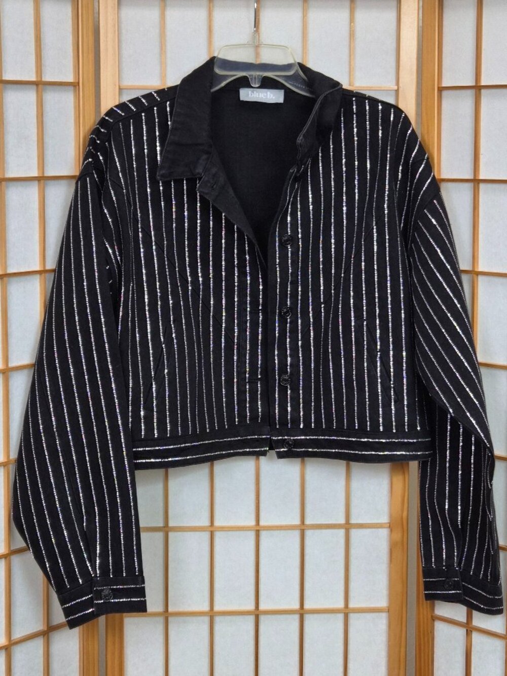 Blue B Collection black denim-like jacket with crystals EUC size Large